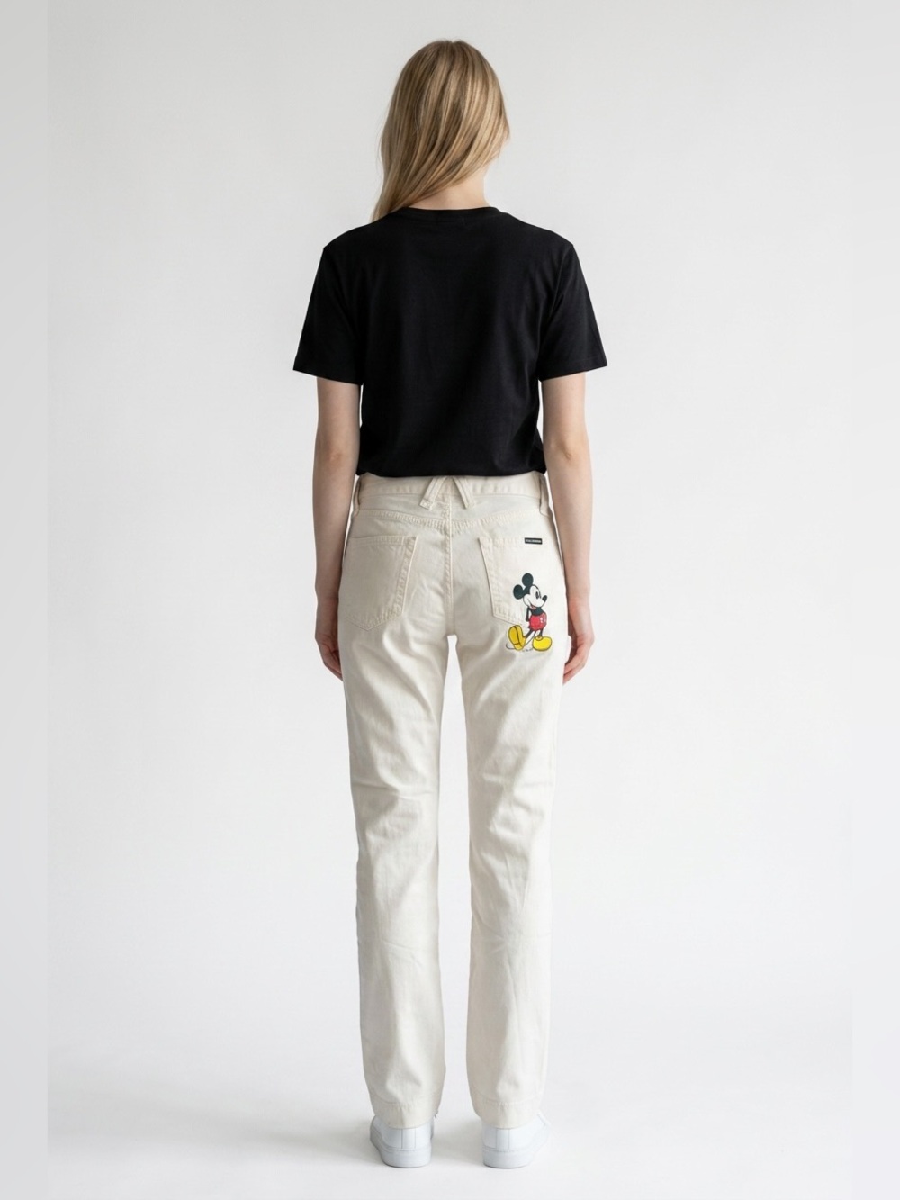 Dolce & Gabbana Cream Straight-Leg Jeans with Mickey Graphic